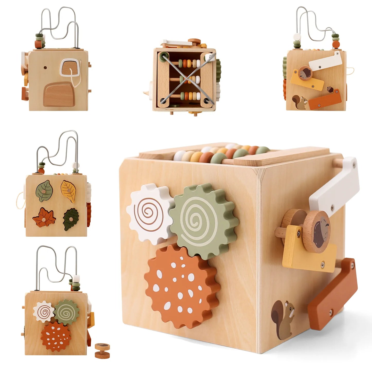 Wooden educational toy cube with bead maze, shape sorter, gears and slide – 5 interactive Montessori sides