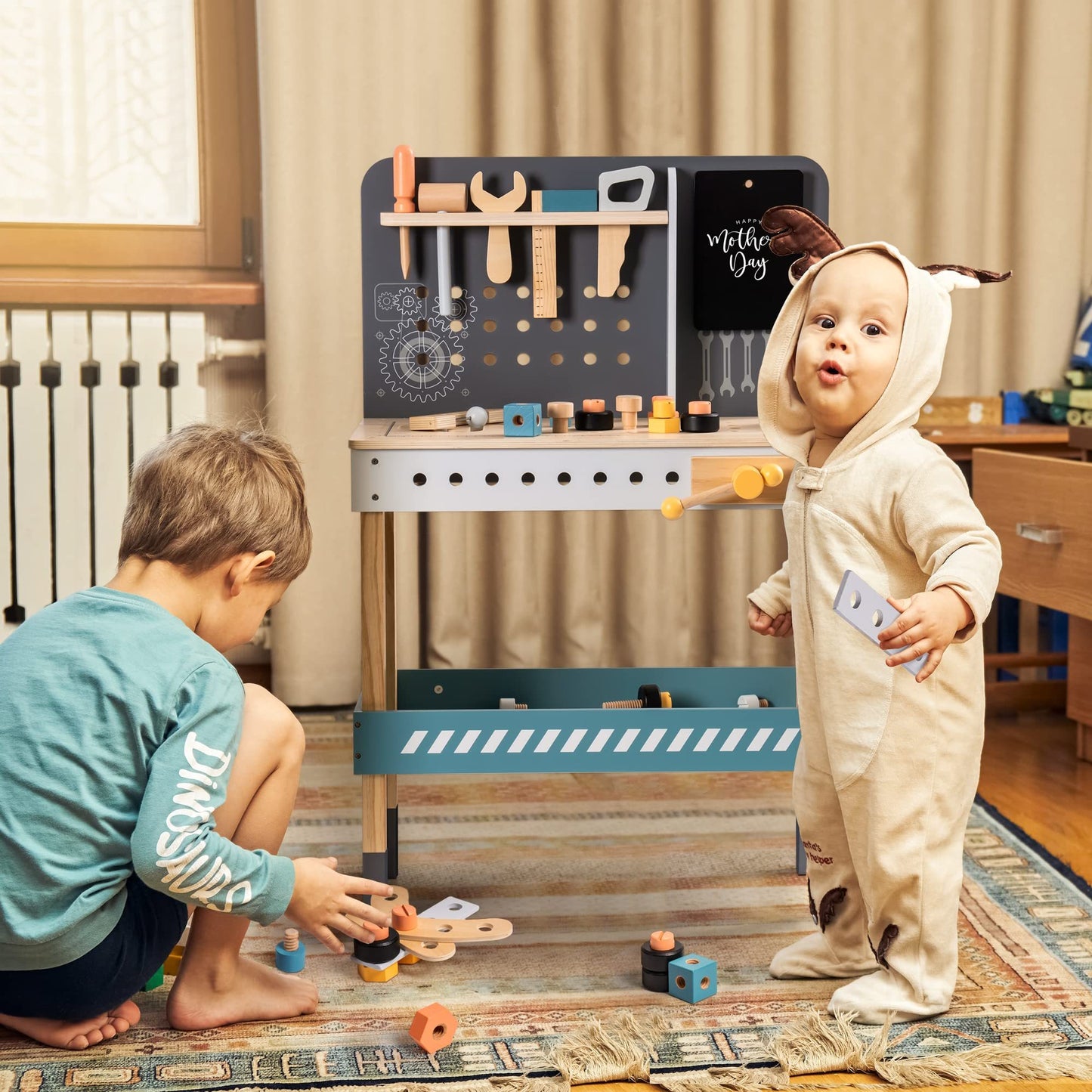 Child playing with wooden baby workbench – hands‑on creative learning
