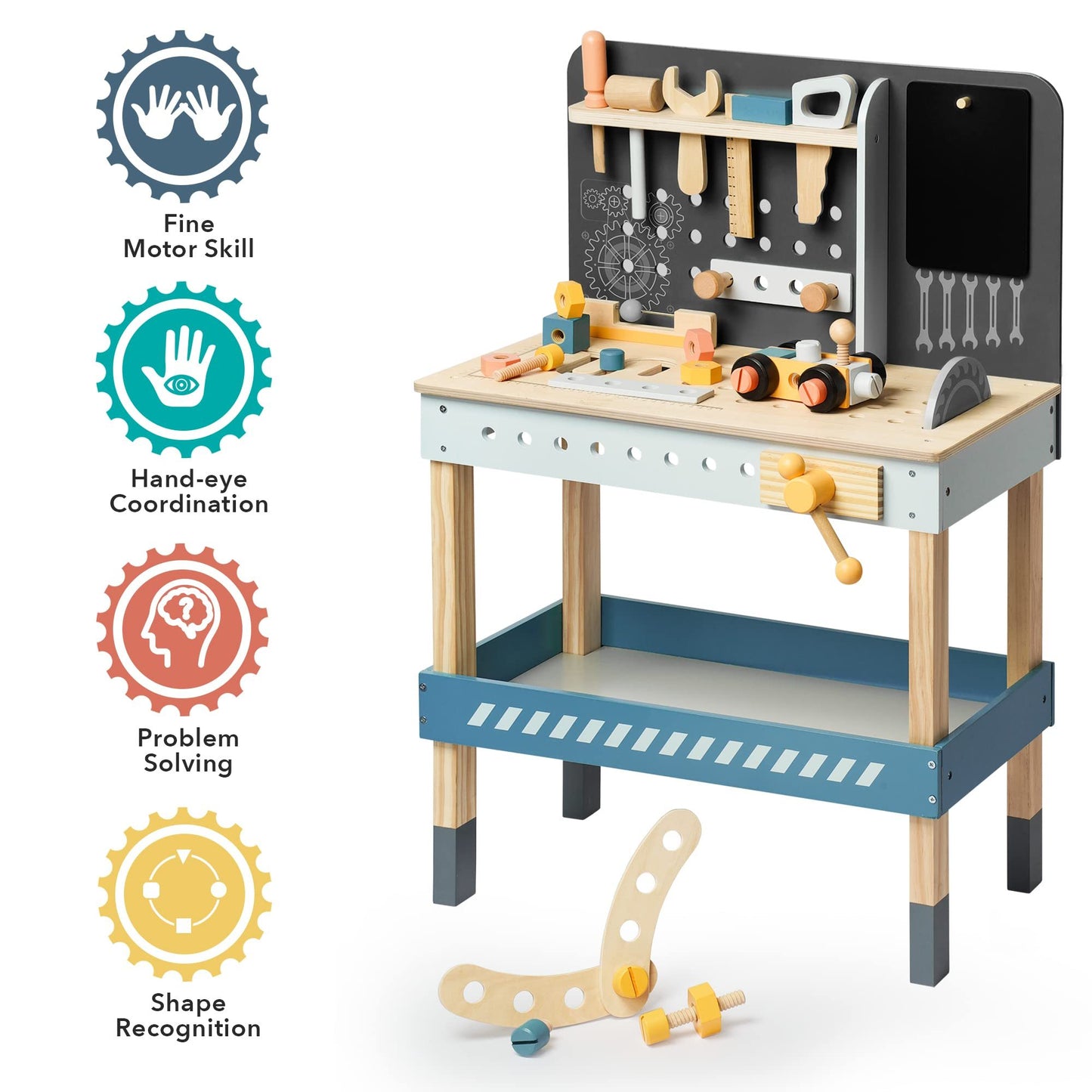 Side view of wooden workbench showing adjustable height and storage shelf underneath
