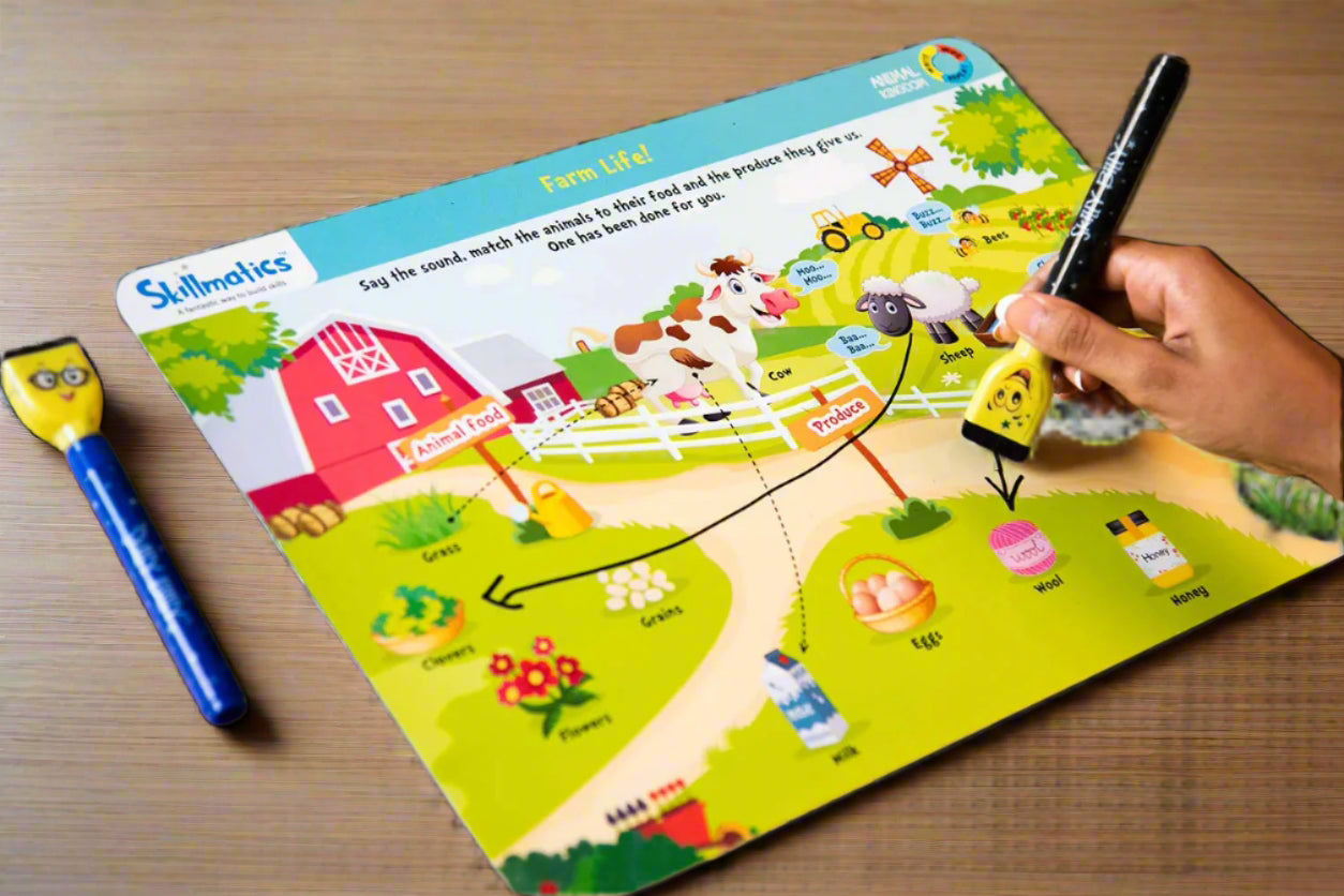 Child drawing on green Animal Kingdom write & wipe activity mat with a marker — hands-on learning for preschoolers in the USA