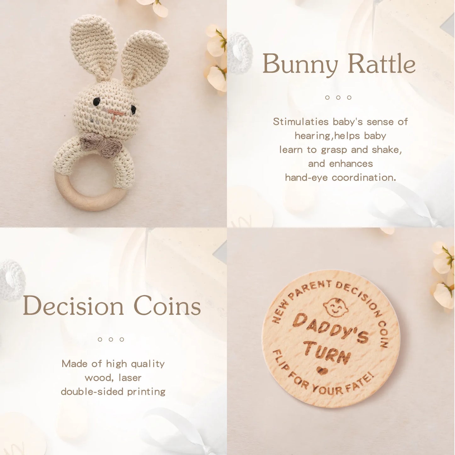 Wooden Teether Bunny Rattle, Cotton Bath Towel, Baby Card and Decision Coin