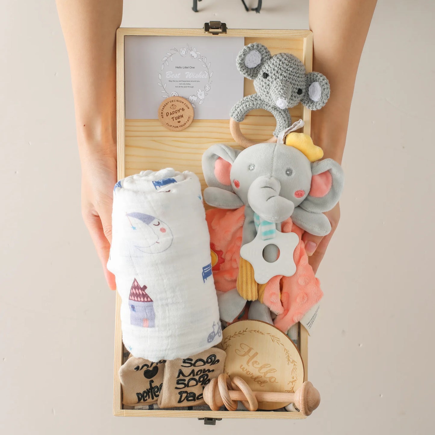 Wooden Teether Baby Shower Gift Box with Elephant Lovey and Blanket