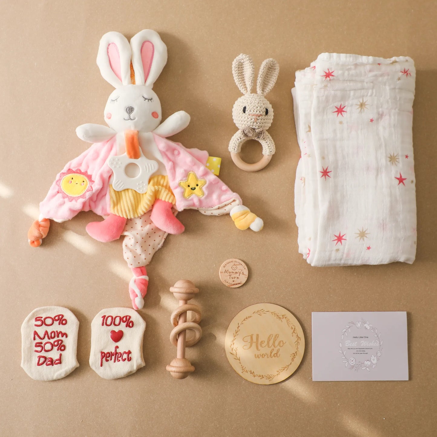 Baby Shower Gift Basket with Bunny Lovey, Blanket, Wooden Teether and Socks