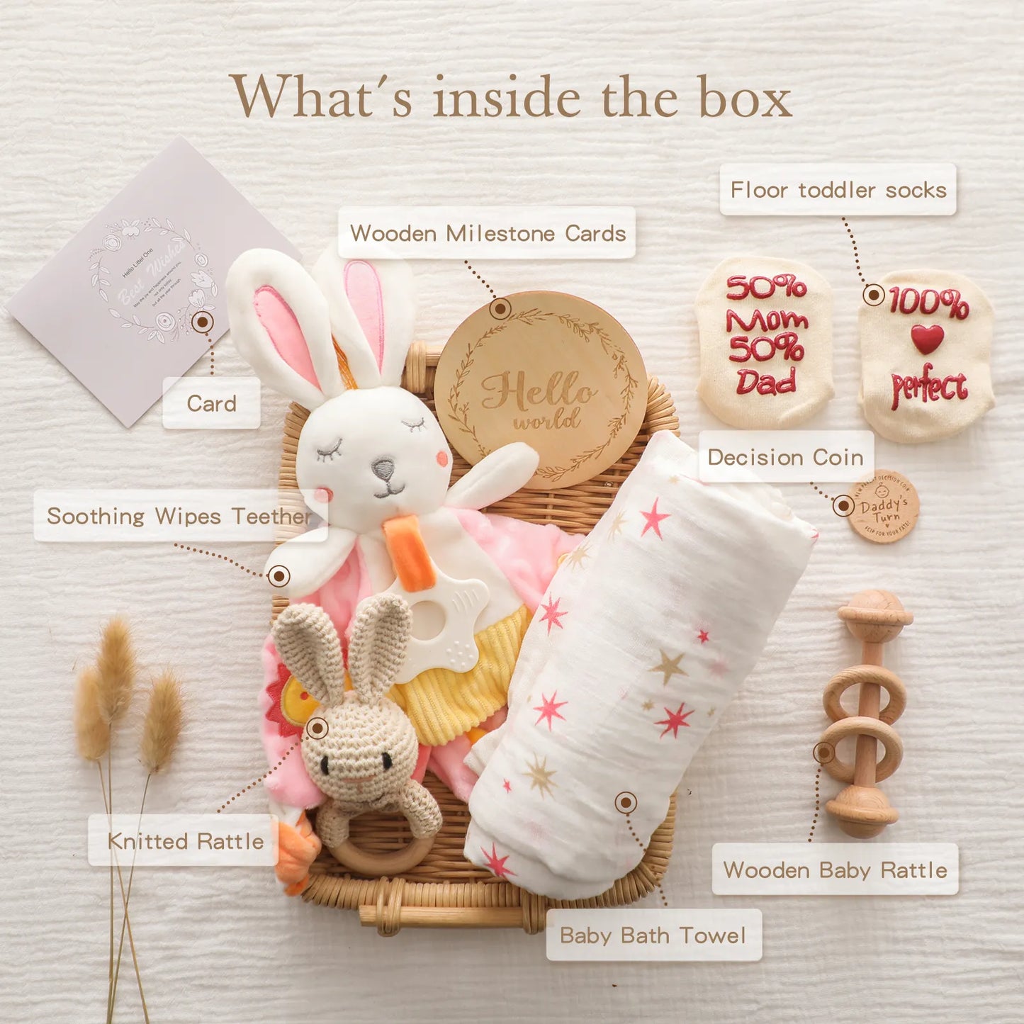 Newborn Baby Gift Set Essentials including Wooden Teether, Blanket, Bunny Rattle and Socks