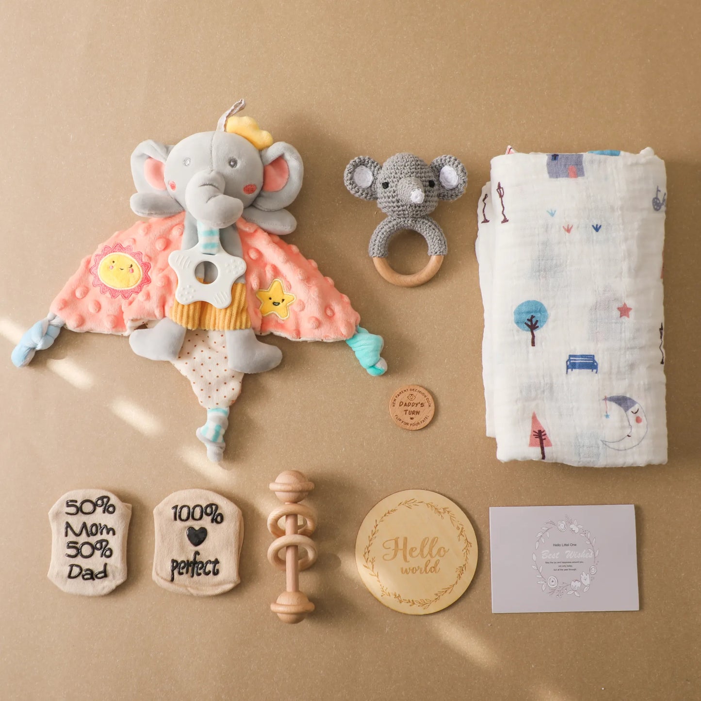 Newborn Baby Gift Set with Elephant Lovey, Blanket and Wooden Teether Rattle