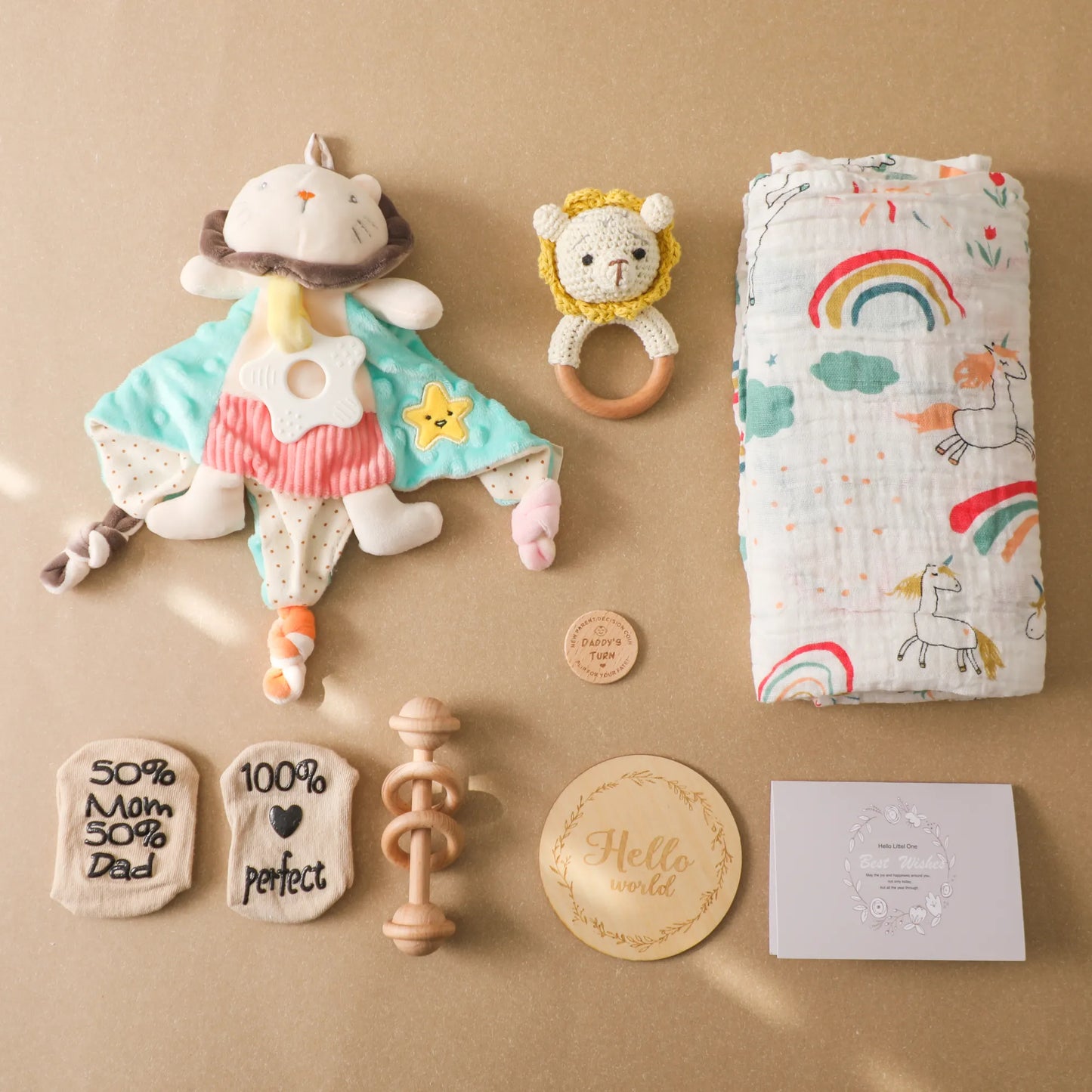 Newborn Baby Shower Gift Set with Lion Lovey, Blanket, Socks and Wooden Teether