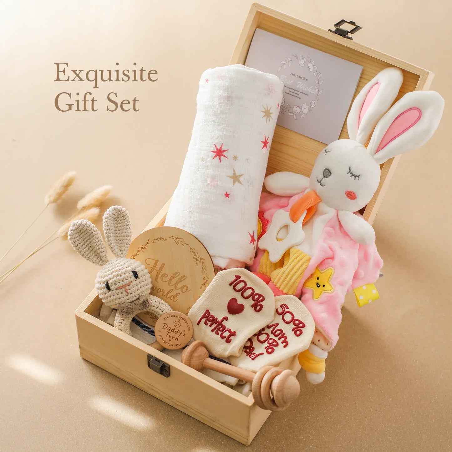 Exquisite Wooden Teether Baby Gift Set with Bunny, Blanket and Accessories