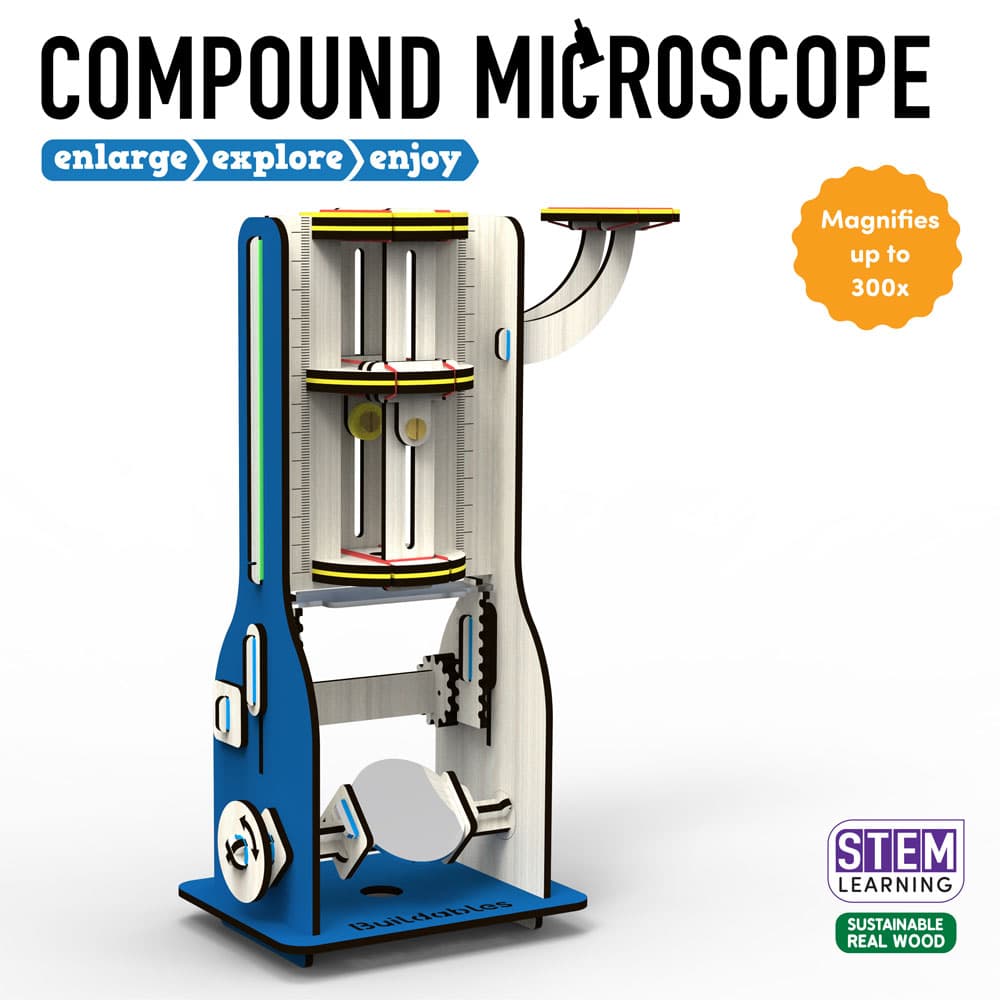 Assembled buildable compound microscope showing full model and magnification parts — STEM toy for science exploration
