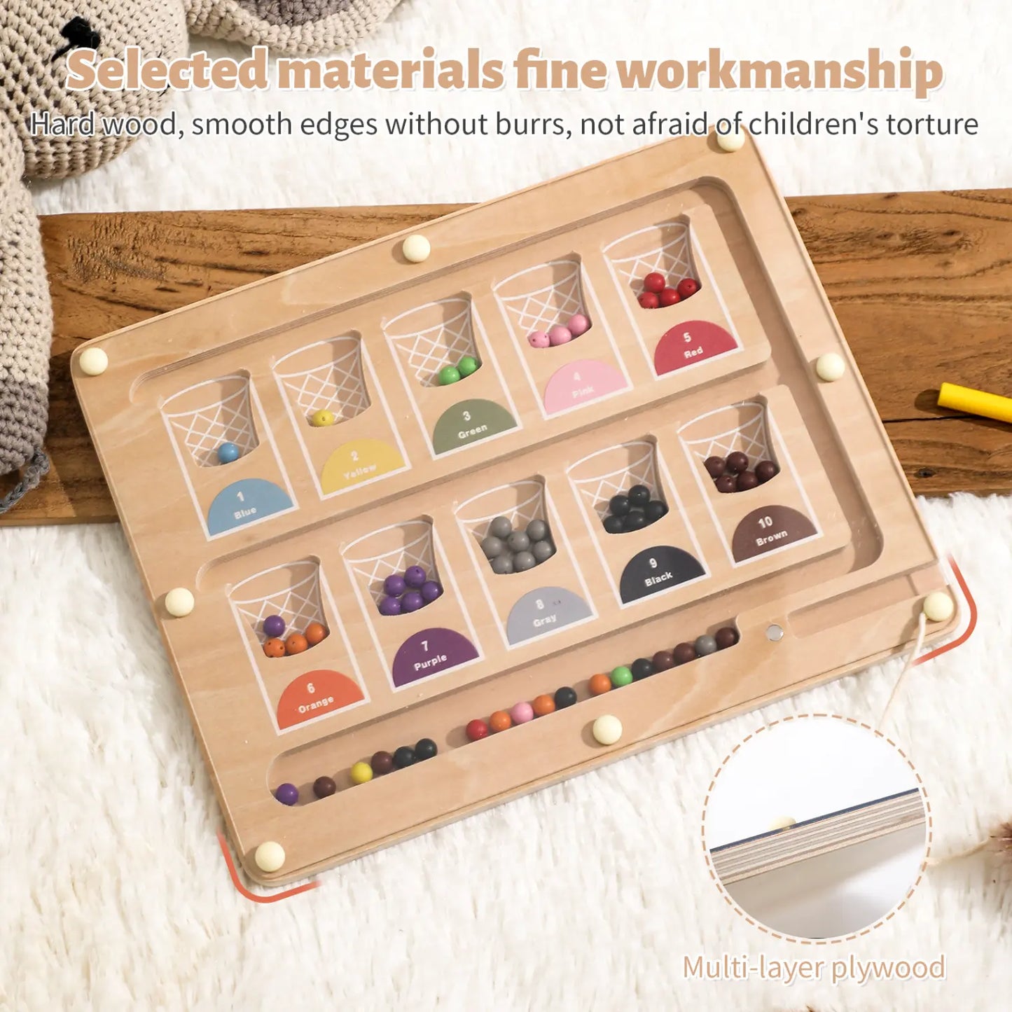 Selected multi-layer plywood and smooth rounded edges of the Magnetic Color & Number Maze — durable non-toxic wood construction for safe toddler play | Little Cloud