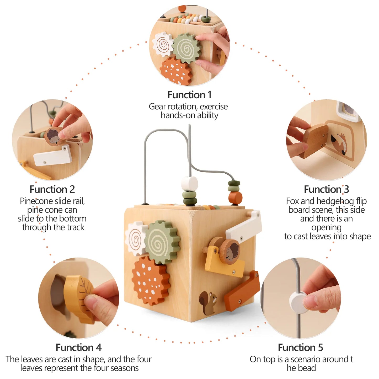 Montessori wooden activity cube close-up – fine motor skill details of gears, bead maze, and shape sorter