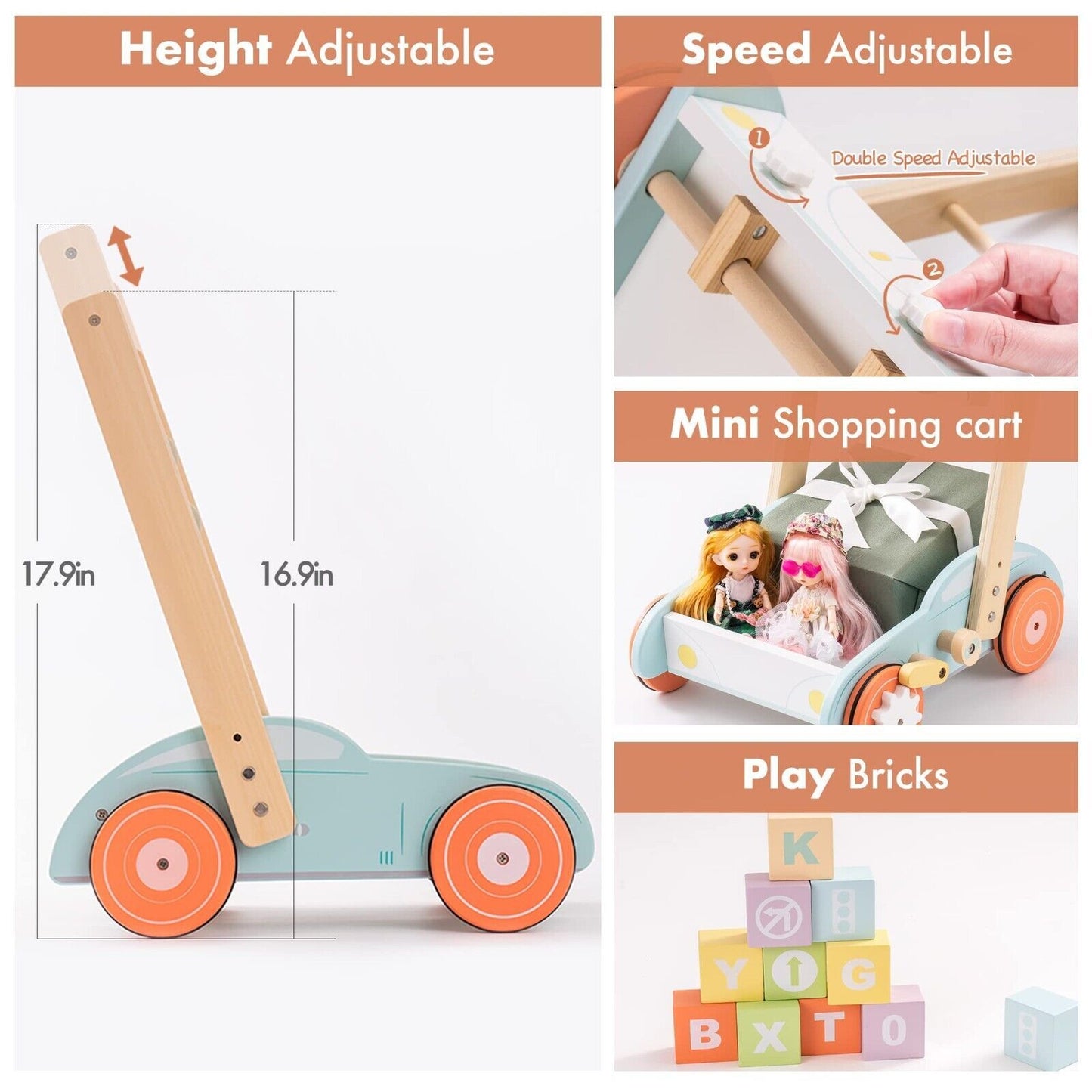 Infographic showing adjustable handle height, detachable play tray and learning features of the wooden walker