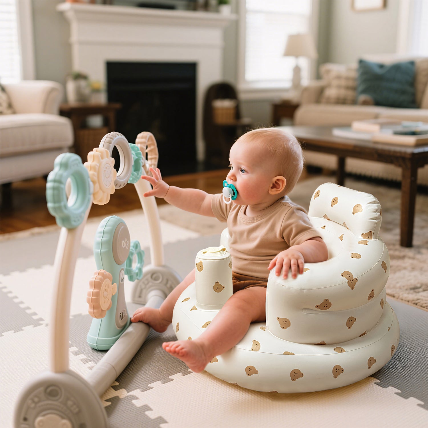 Baby plays with toys while seated in the ComfyBub™ portable, foldable inflatable baby seat at home - enjoying playtime