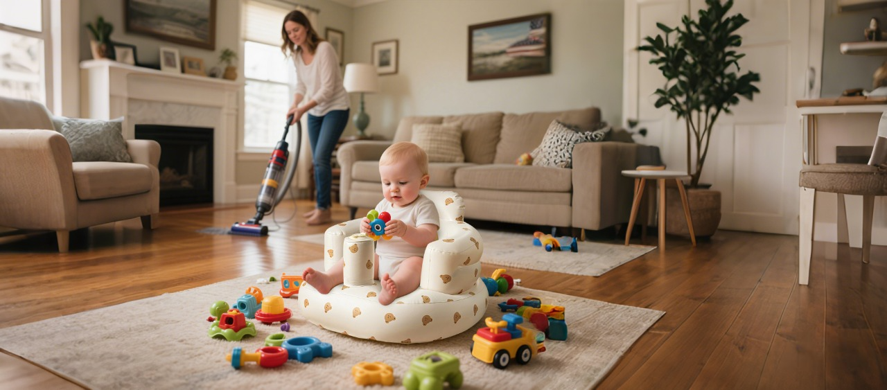 Baby sits in the ComfyBub™ inflatable baby seat while mom vacuums at home - showing the portable seat’s convenience