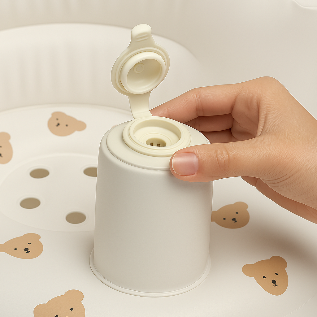 Close-up of a hand opening the ComfyBub™ inflatable baby seat’s valve for quick inflation - emphasizing its portable design