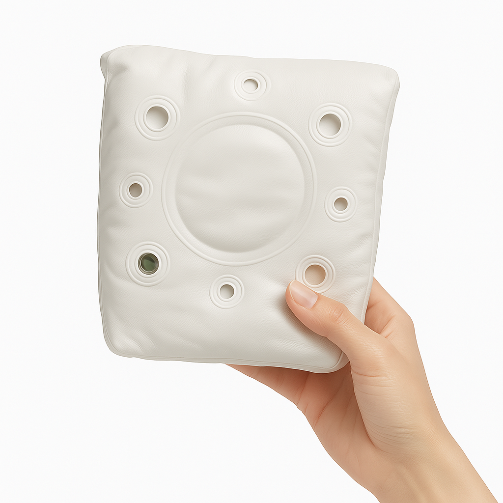 Hand holding the ComfyBub™ inflatable baby seat folded into a compact square, showing its ultra-portable - foldable design