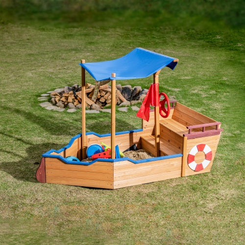 Outdoor wooden sandbox partially filled with sand - functional play area