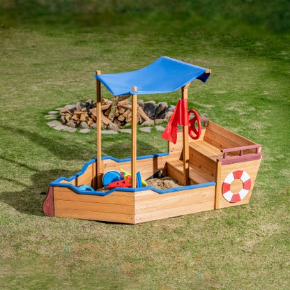 Outdoor wooden sandbox partially filled with sand - functional play area