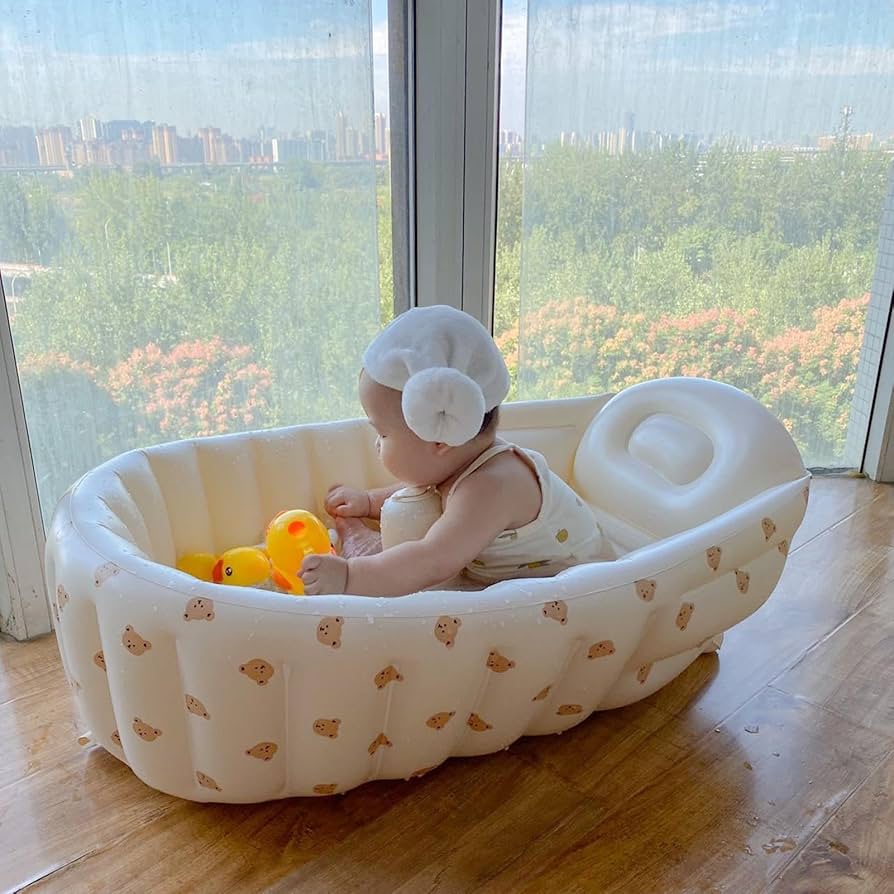 Inflatable Baby Bathtub PVC Toddler Bath Tub Built in Air Pump Foldable Travel Shower Basin Ergonomic Infant Bath Tub Anti Slip Blow Up Bathtub Easy to Drain with Babies