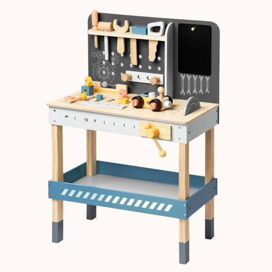 Wooden baby workbench full setup with hammer, wrench, screwdriver and storage compartment