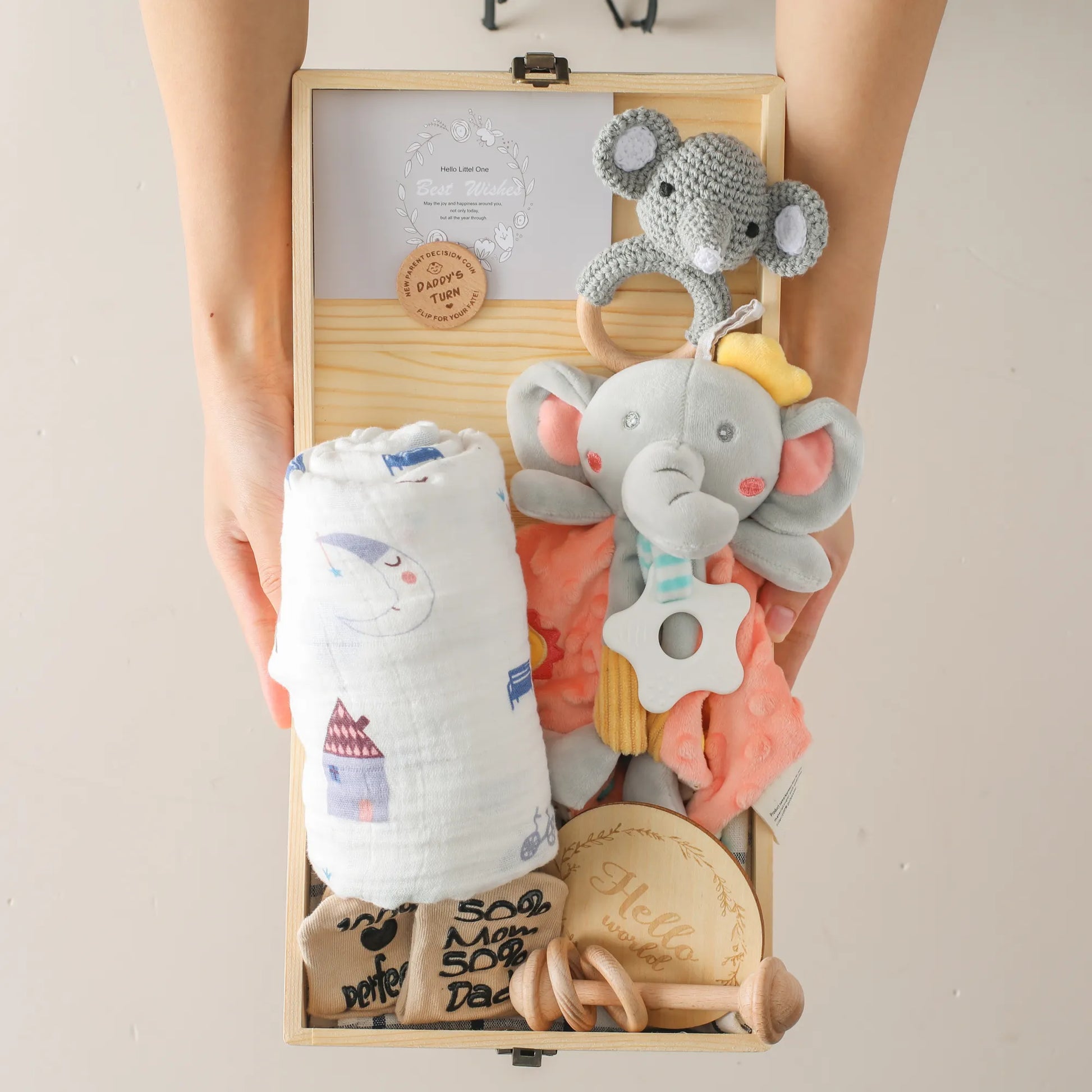 Wooden Teether Baby Shower Gift Box with Elephant Lovey and Blanket