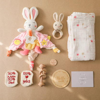 Baby Shower Gift Basket with Bunny Lovey, Blanket, Wooden Teether and Socks