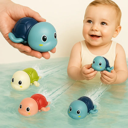 Toddler playing with wind‑up turtle in bathtub