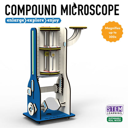 Assembled buildable compound microscope showing full model and magnification parts — STEM toy for science exploration