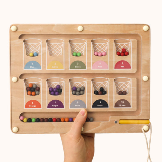 Magnetic Color & Number Maze wooden board with acrylic cover — Montessori counting and color-matching toy for preschoolers, mess-free play