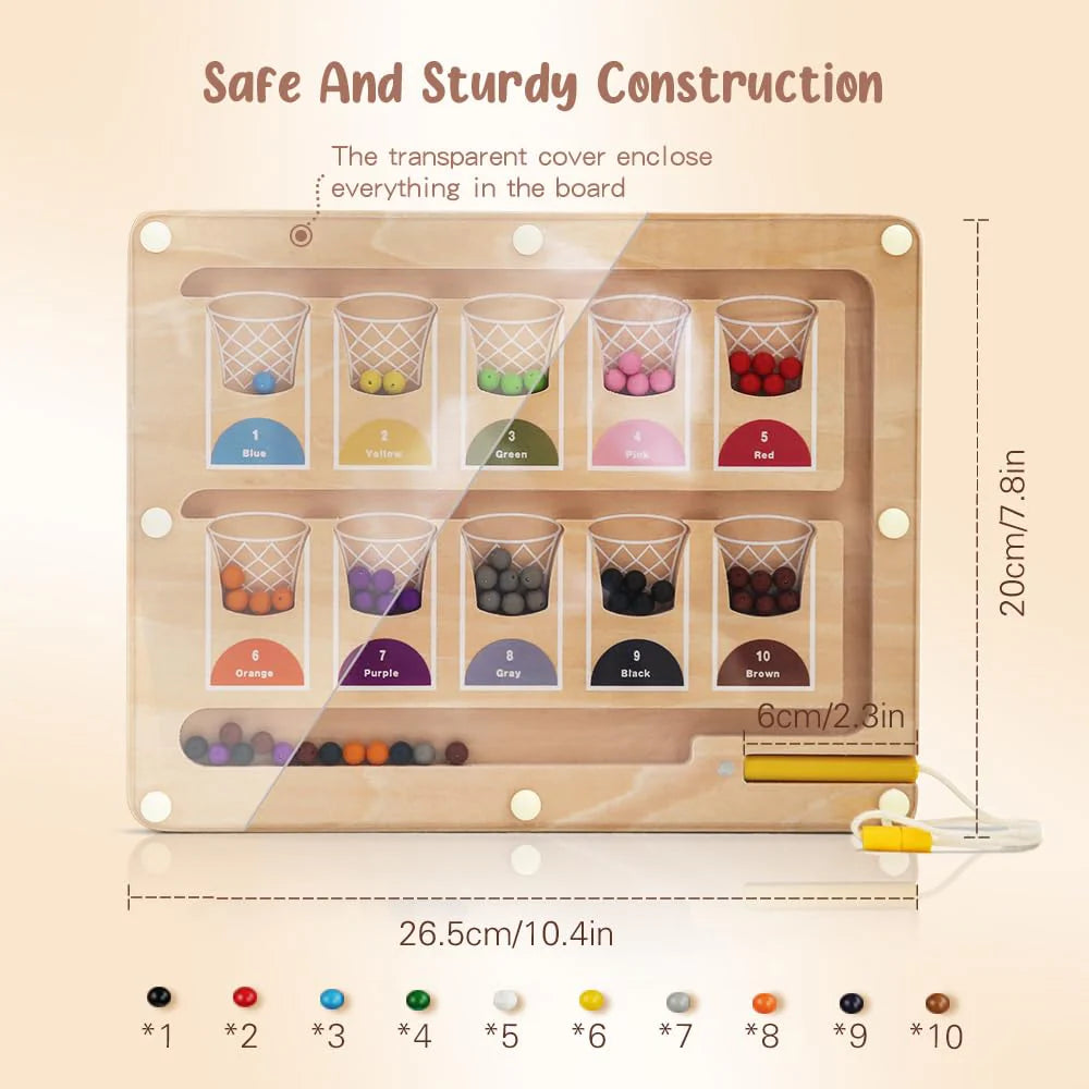 Magnetic Color & Number Maze — safe & sturdy construction; size: 26.5 × 20.4 cm; bead counts per color: blue 3 / yellow 3 / green 4 / pink 4 / red 5 / orange 6 / purple 7 / gray 8 / black 9 / brown 10 — ideal for UK nursery and preschool.