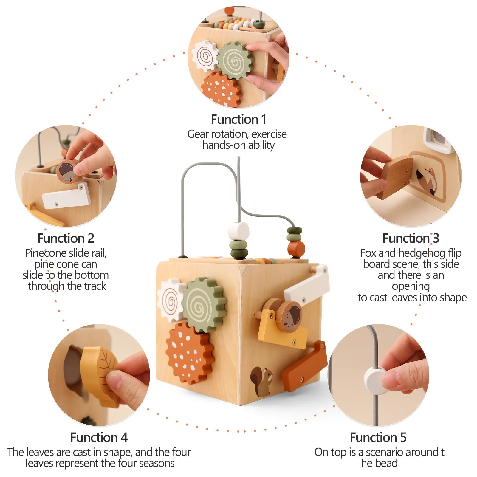 Montessori wooden activity cube close-up – fine motor skill details of gears, bead maze, and shape sorter