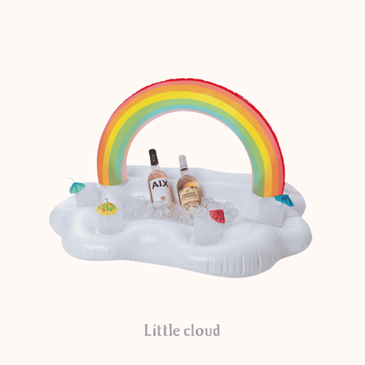 Little Cloud rainbow inflatable tray (cloud-shaped pool drink float) filled with ice, two wine bottles and cocktail glasses on a white background, ideal for a summer pool party