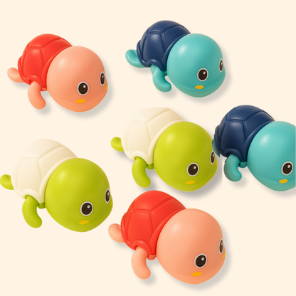 Six wind‑up turtle bath toys in three vibrant colors