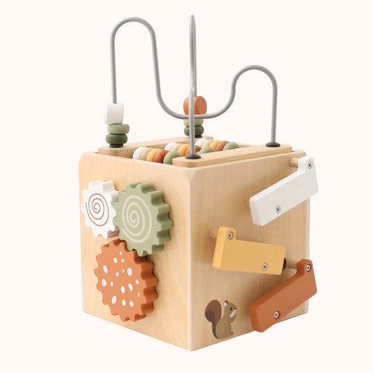 Montessori 5-in-1 wooden activity cube educational toy for toddlers – full product view, USA home nursery