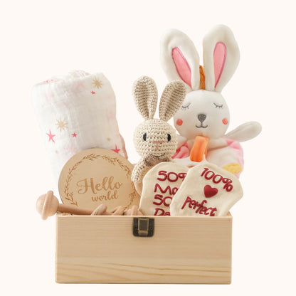 Wooden Teether Baby Shower Gift Set with Bunny Rattle, Blanket and Socks in Keepsake Box
