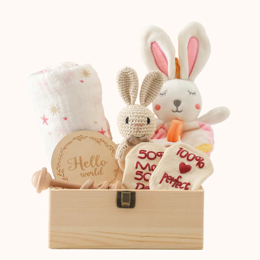 Wooden Teether Baby Shower Gift Set with Bunny Rattle, Blanket and Socks in Keepsake Box