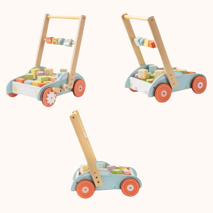 Front and side views of the wooden toddler push walker showing handle, bead abacus and wheel design — ideal for 12–36 months